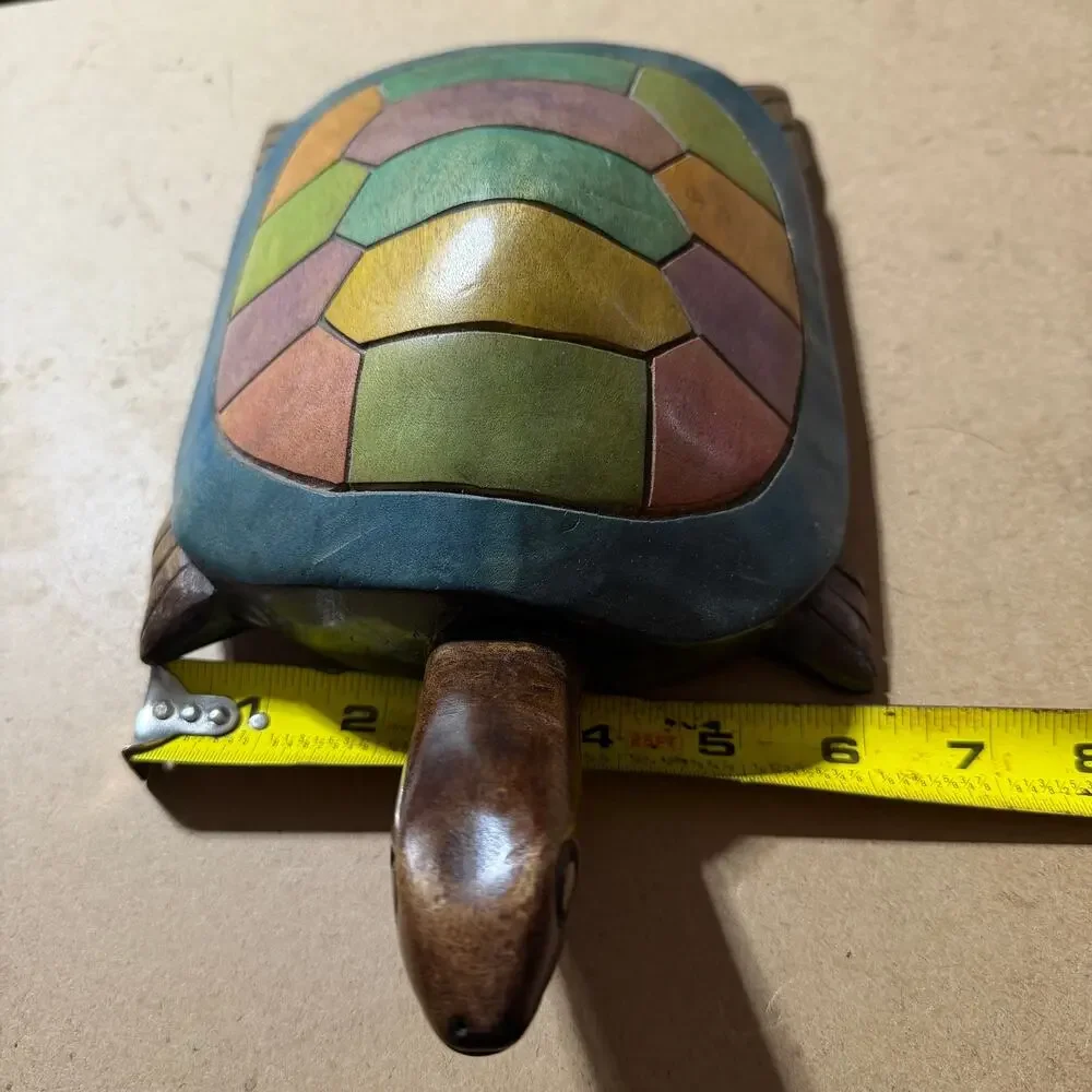 Hand Carved Wood Turtle Figurine Colorful Mosaic Shell Sculpture Folk Art Decor